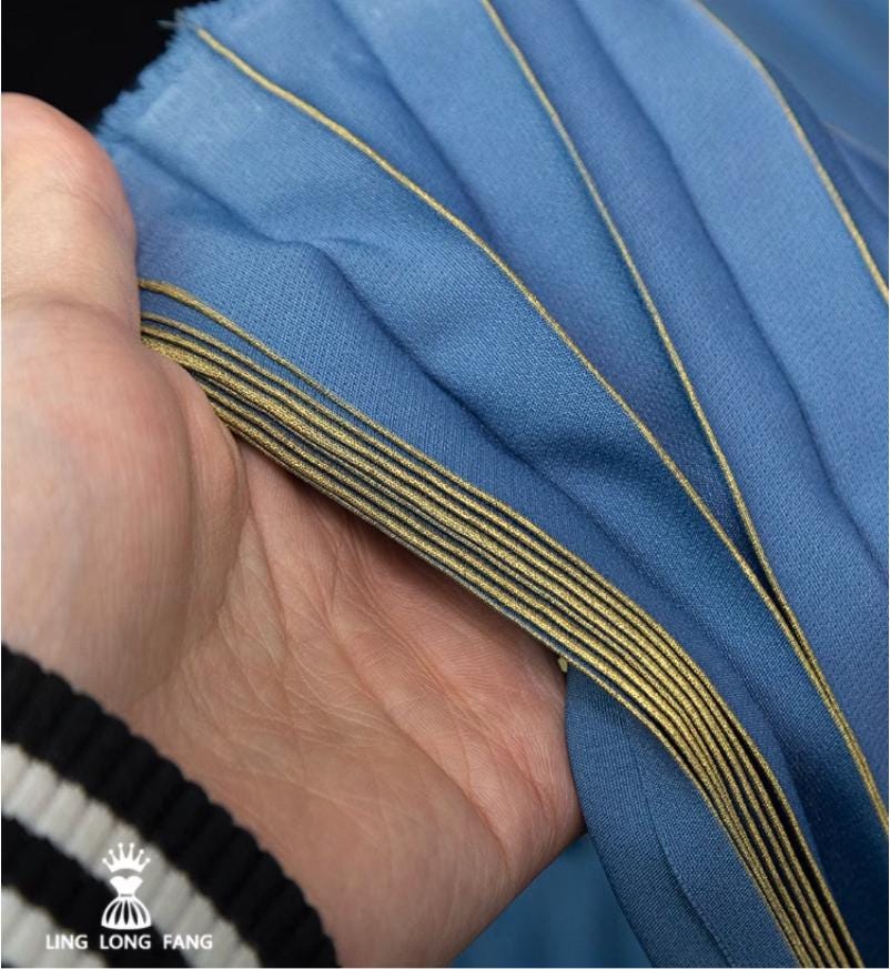 Ocean Blue Foil Pleated Fabric: Hand-Pressed Crepe Designer Material