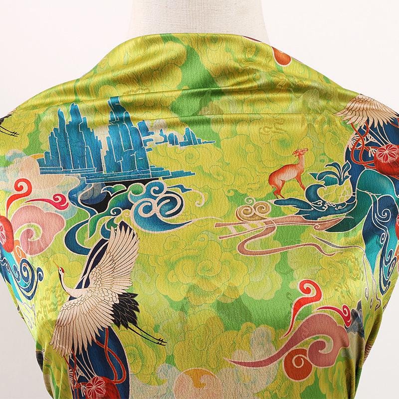 Phoenix Flower Tea Silk Fabric: Digital Print Upholstery, Costume, Drapery (59"W)