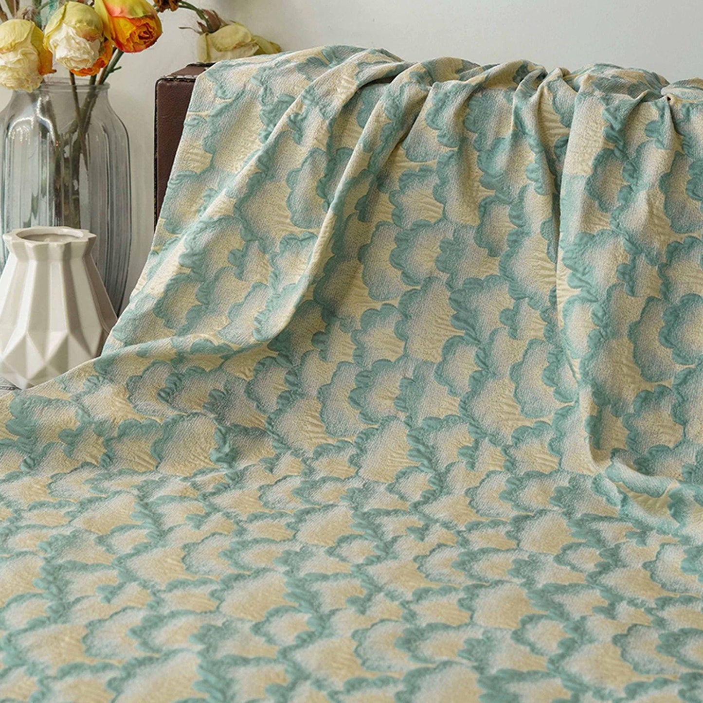 Elegant Embossed Geometric Fan Floral Textured Jacquard Fabric, 60" Wide