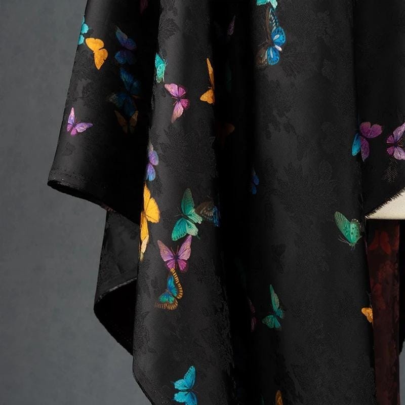 Rayon Shantung Fabric: Black Butterfly Print, Costume, Upholstery, 55"W