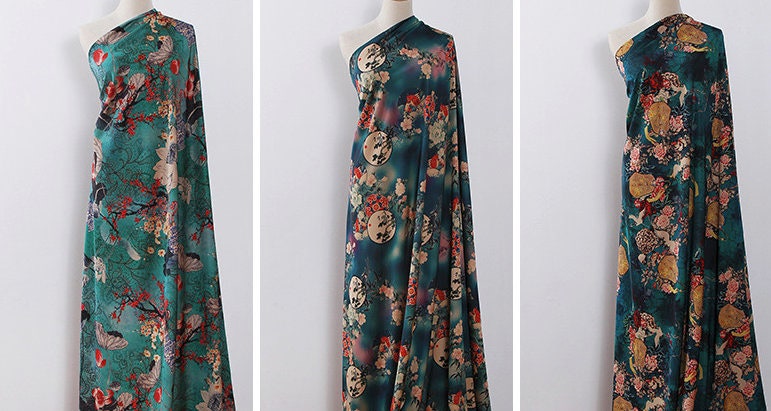 Jade Green Tea Silk Satin Fabric: Floral Crane Print, 59" Wide