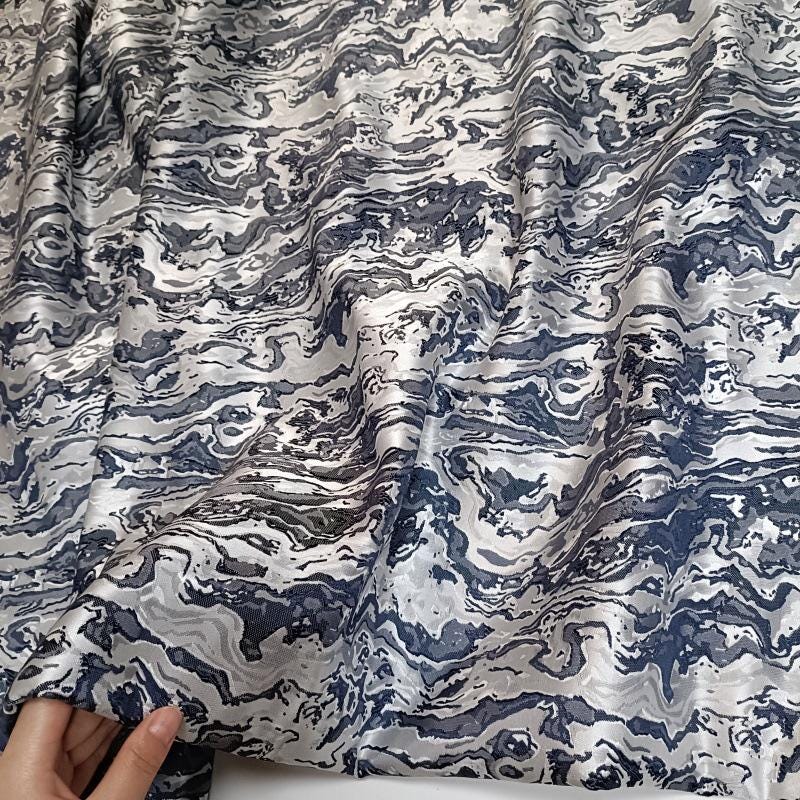 Blue & Black 3D Texture Jacquard Fabric: 66" Wide Polyester Blend