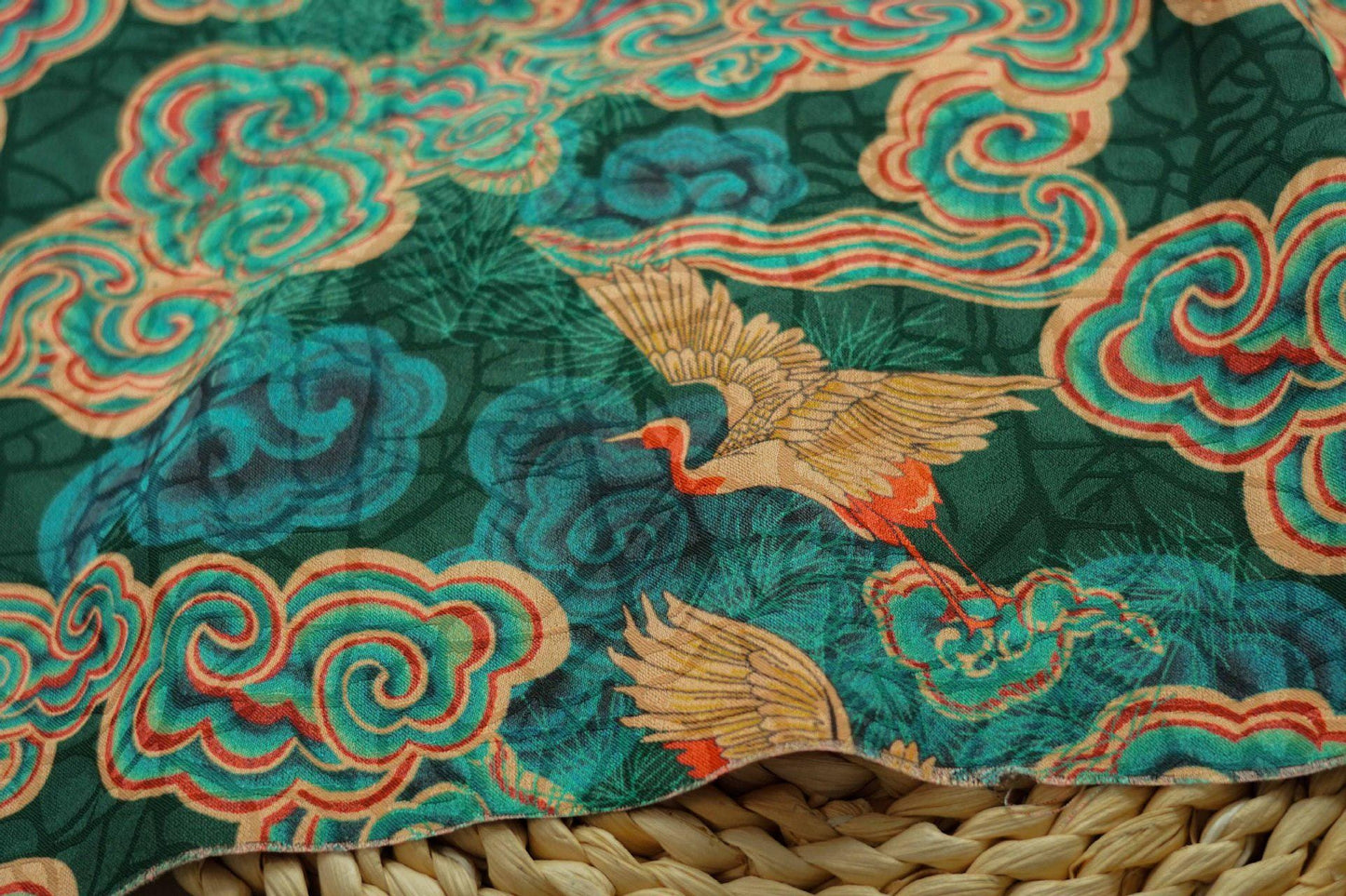 Auspicious Cloud Tea Silk Satin Fabric: Dark Green Upholstery, Costume, Drapery (59"W)