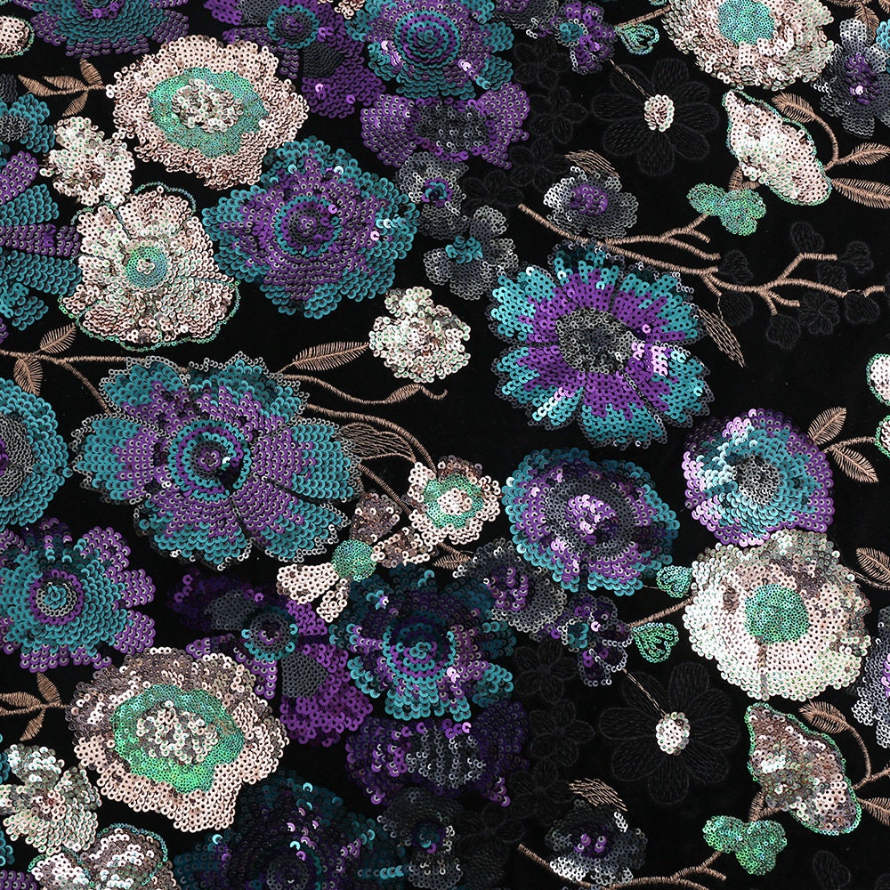 Embroidered Velvet Fabric: Bamboo Floral, 49��� Wide - Cheongsam, Upho