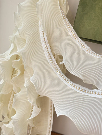 Ivory Pleated Chiffon Trim: Beaded Ruffled Fabric, 4.3" Width
