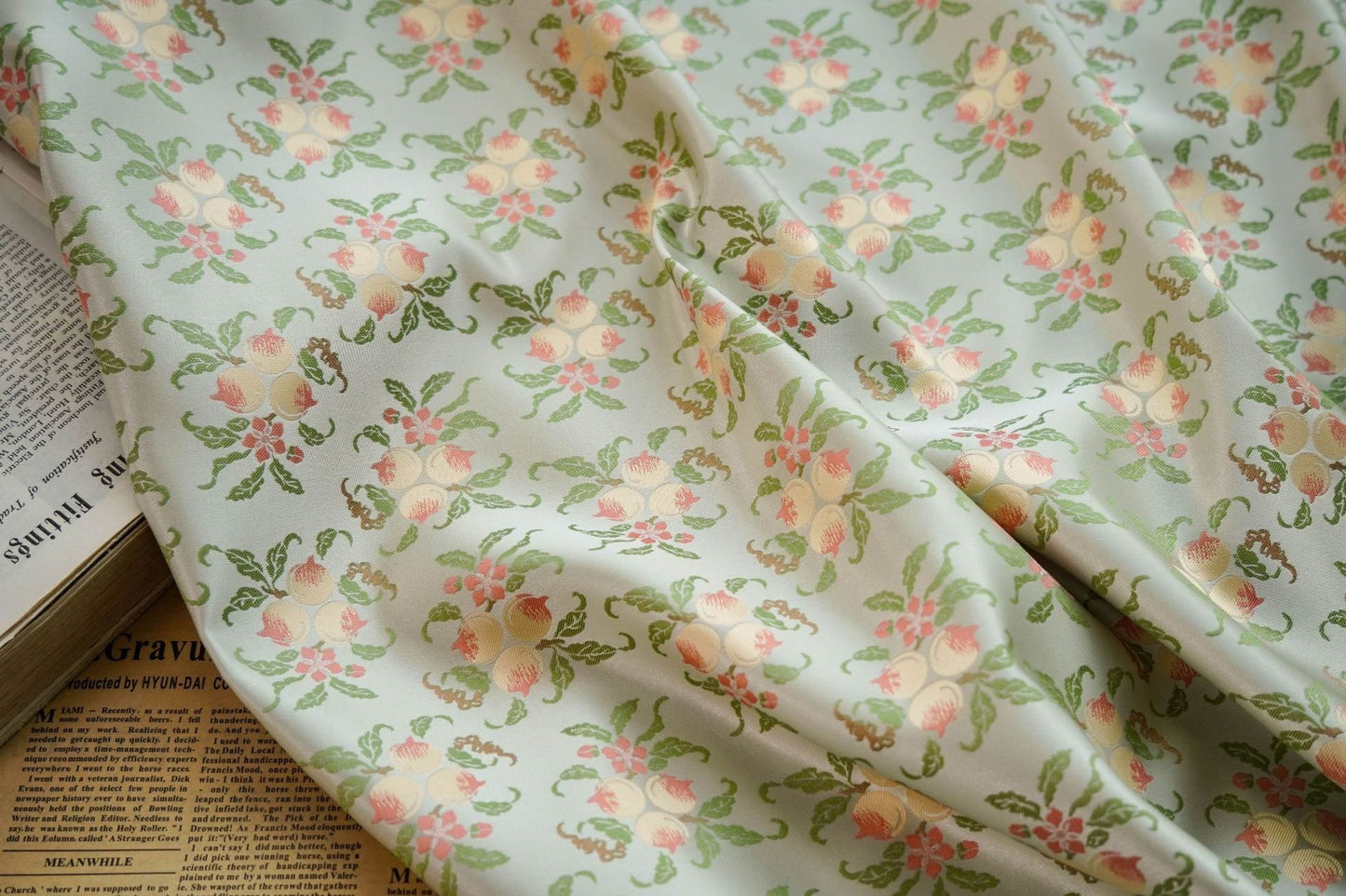 Peach Blossom Jacquard Fabric, Vintage Style, Costume, Upholstery
