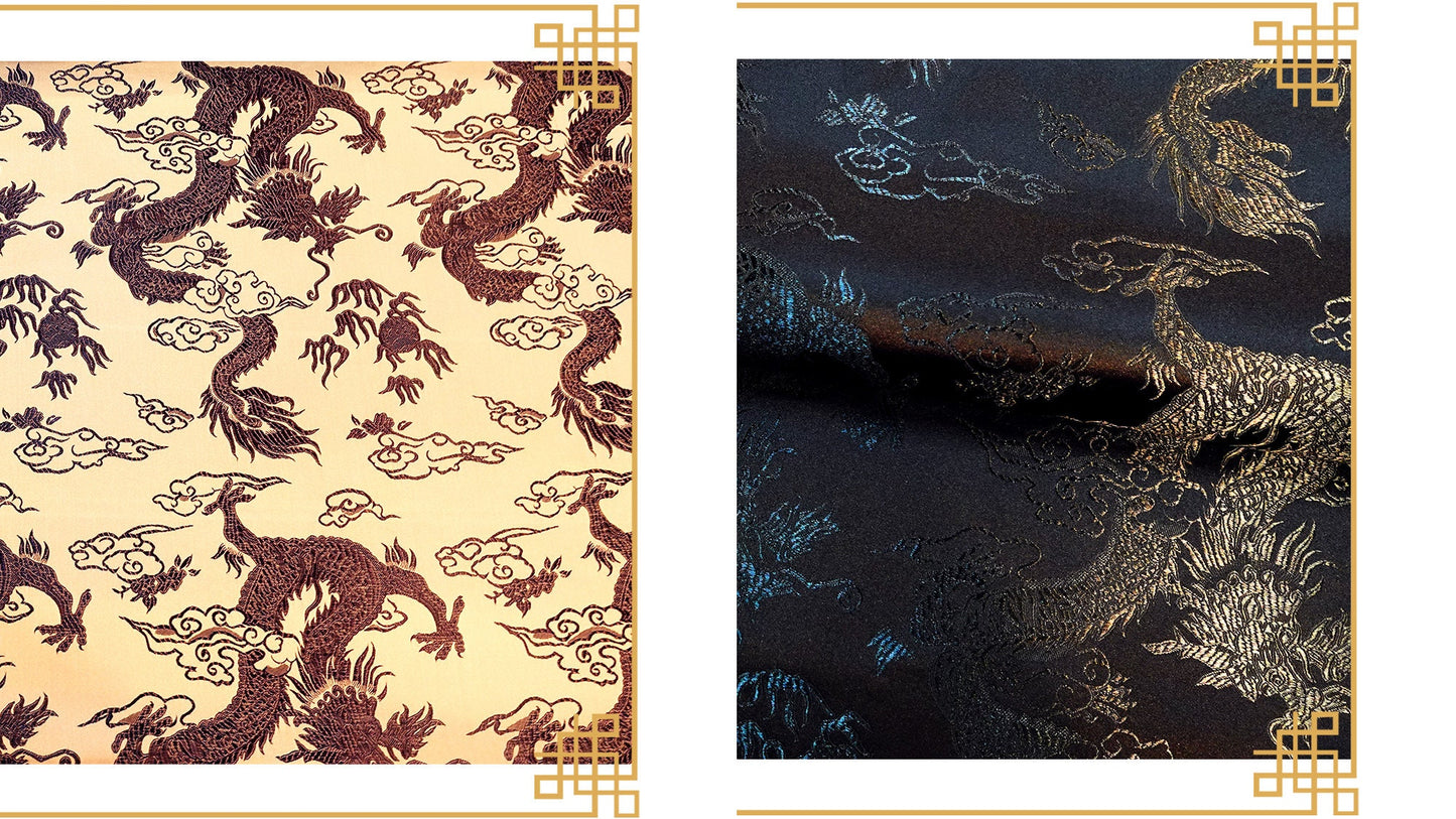 Tissu brocart de soie : motif grand dragon, tissu pour costumes de mariage