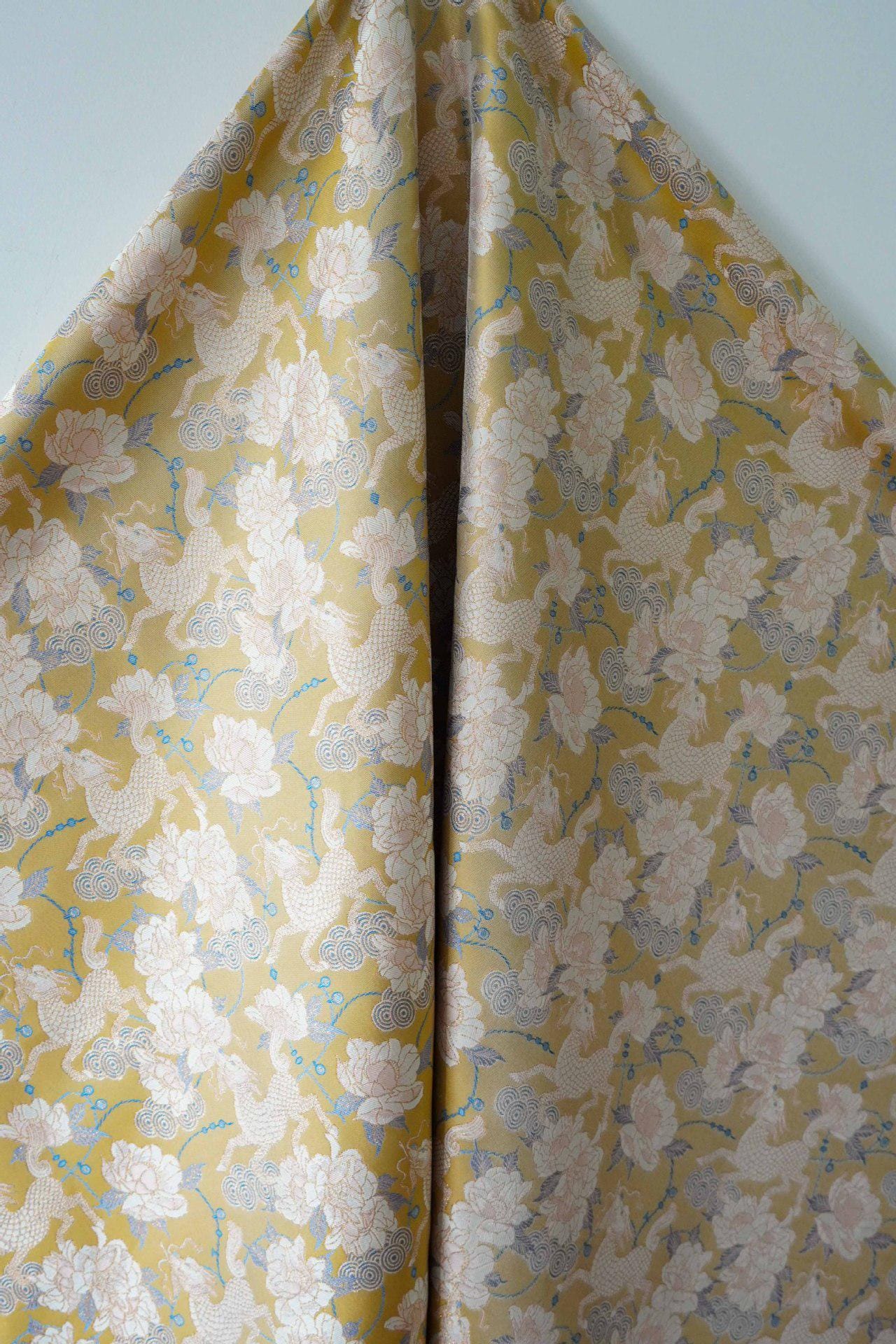Luxury Song Brocade Jacquard Fabric with Kirin and Peony Gold Pattern, 58" Wide