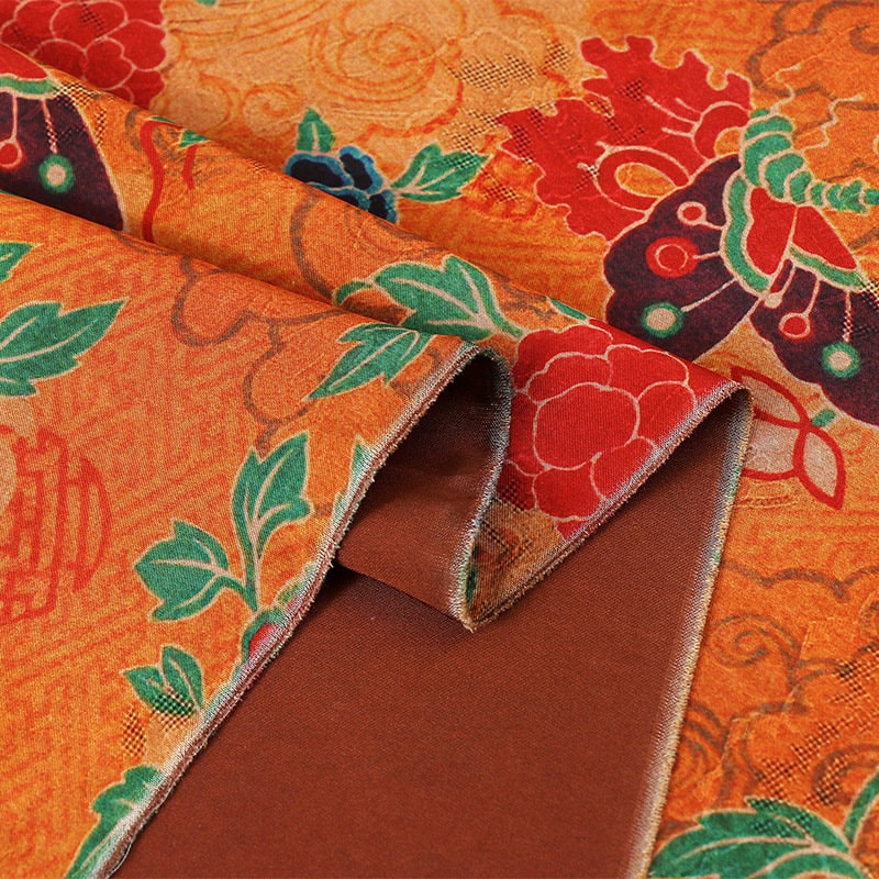 Tissu satiné de soie à imprimé floral - Bleu paon, 150 cm de large