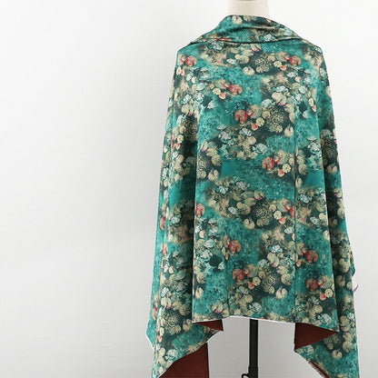 Blue Floral Silk Satin Fabric: 59"W Digital Print for Sewing & Decor