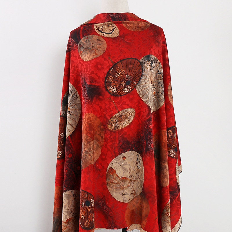 Umbrella Print Silk Damask Fabric - 59" Wide - Red & Beige