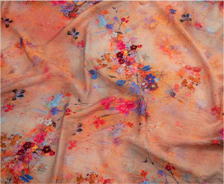 Floral Printed Linen Tencel Fabric: Lightweight Sewing Material, 57"W
