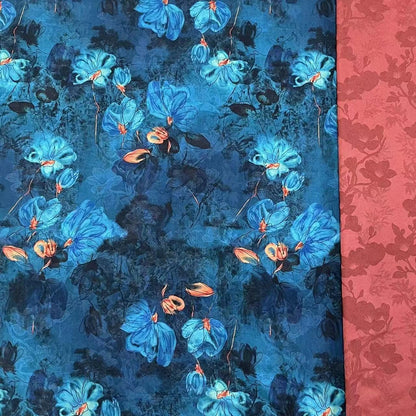 Floral Teal Blue Tea Silk Satin Fabric: 59"W Upholstery & Costume
