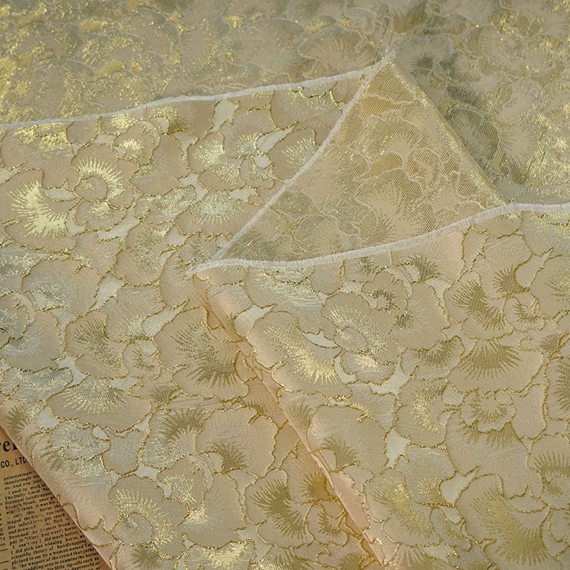 Gold Ginkgo Jacquard Fabric: Beige Costume Dress Satin (59"W)
