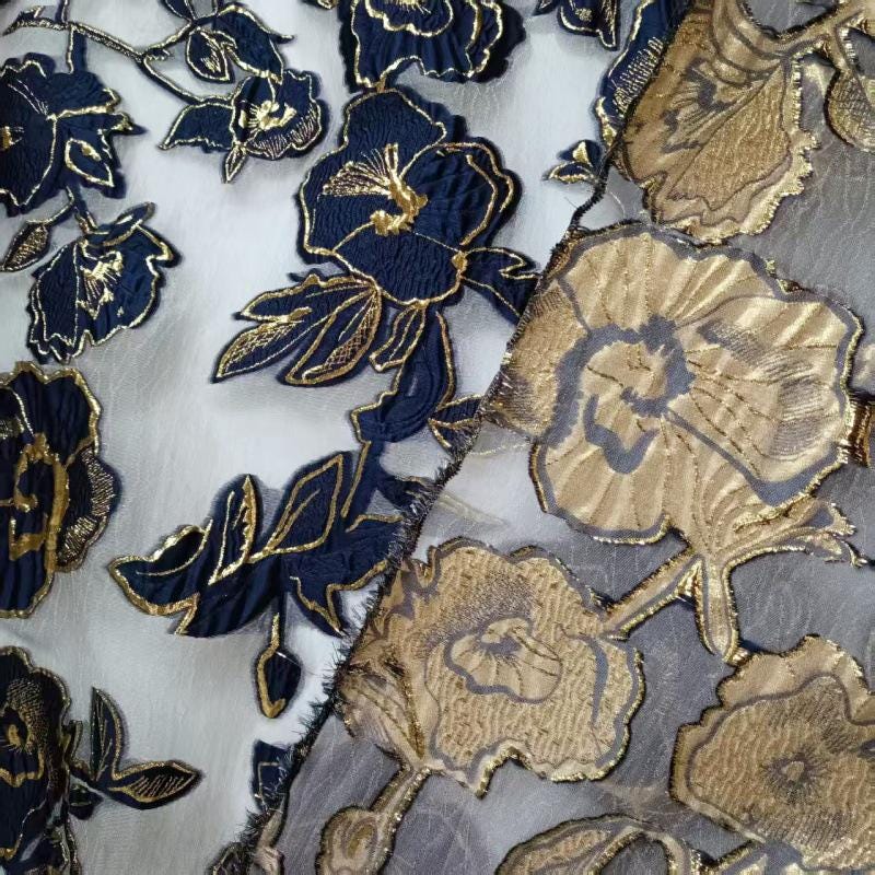 Gold Thread Jacquard Organza Fabric: 3D Embossed Texture, 54" Wide