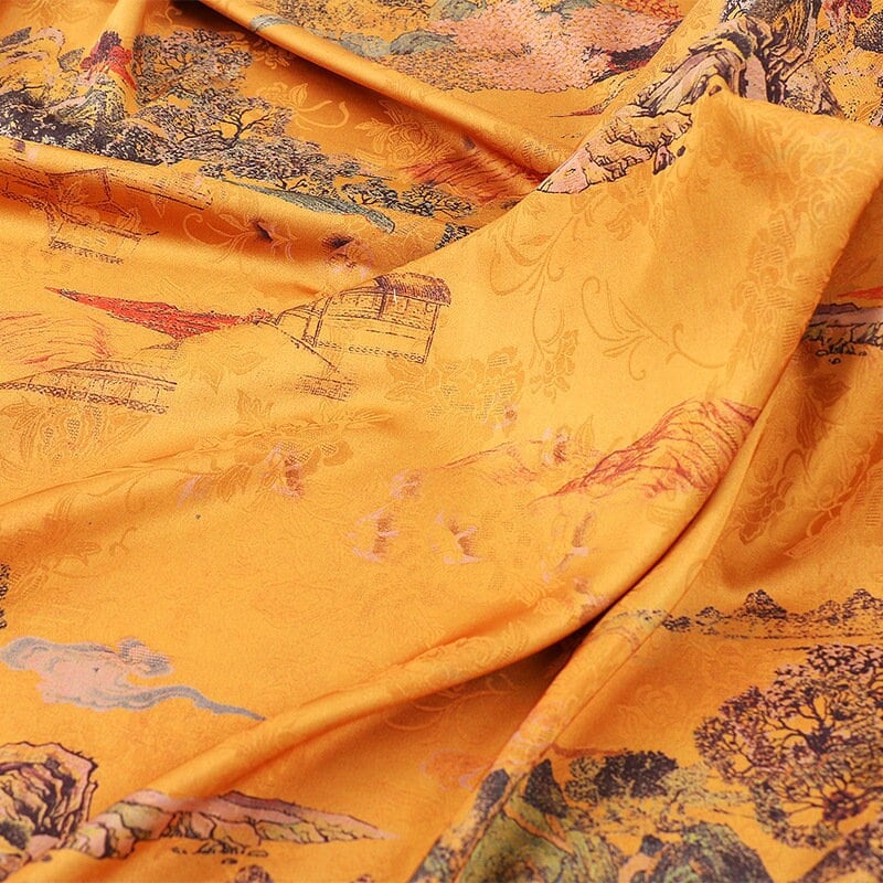 Ancient Chinese Landscape Print Fabric: 59"W Polyester Spandex