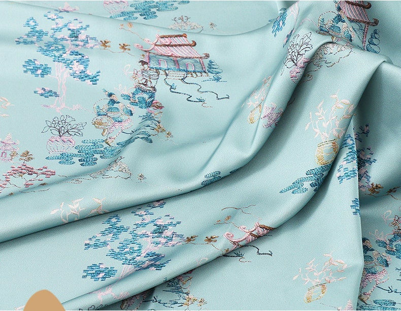 Ancient Paintings Silk Satin Fabric - Digital Print Upholstery, Costume, Decor (59"W)