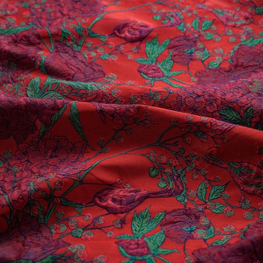 Tissu jacquard gaufré : motif floral et oiseaux 3D pour ameublement, robe, rideau - 135 cm de large