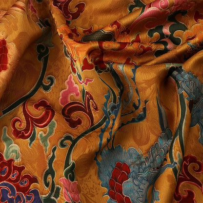 Tissu satiné en soie couleur thé : imprimé de peinture ancienne, 150 cm de large