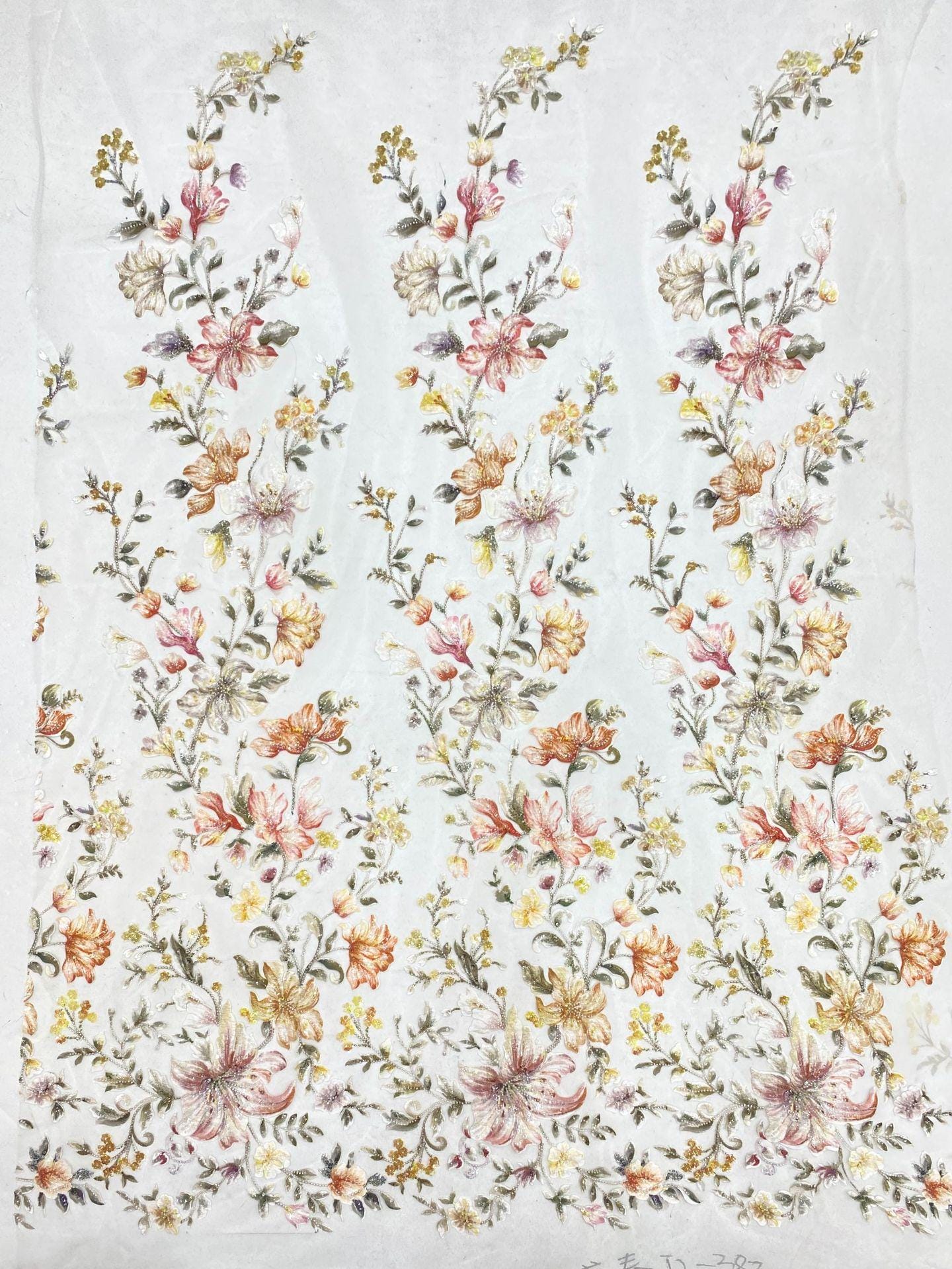 Embroidered Floral Fabric, Beads & Sequins, Cheongsam Dress Material