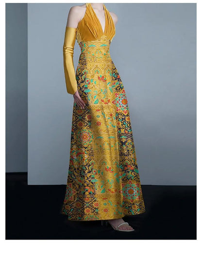 Luxury Brocade Jacquard Satin Fabric: Gold Woven Chinese Yun Brocade