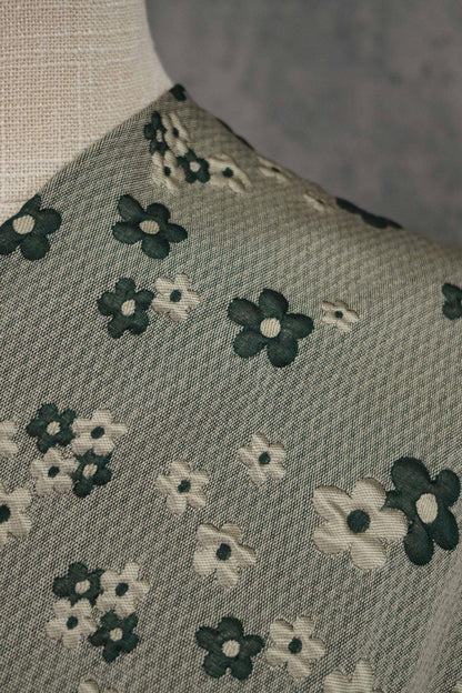 Green Grey Jacquard Fabric: 3D Flower Design, Upholstery & Costume