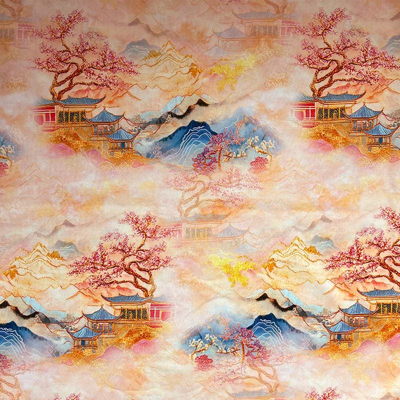 Oriental Landscape Cotton Fabric: Fairy Mountain Palace Print, Quilting Material (55"W)