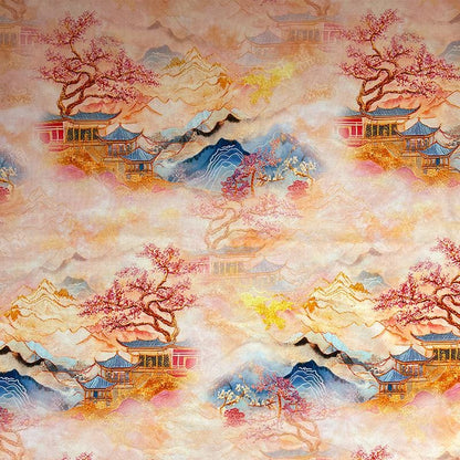 Oriental Landscape Cotton Fabric: Fairy Mountain Palace Print, Quilting Material (55"W)