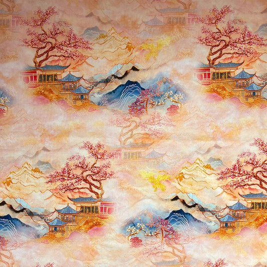 Tissu en coton à motif paysage oriental : Palais de la Montagne Féérique, matériau pour patchwork (55 pouces de large)