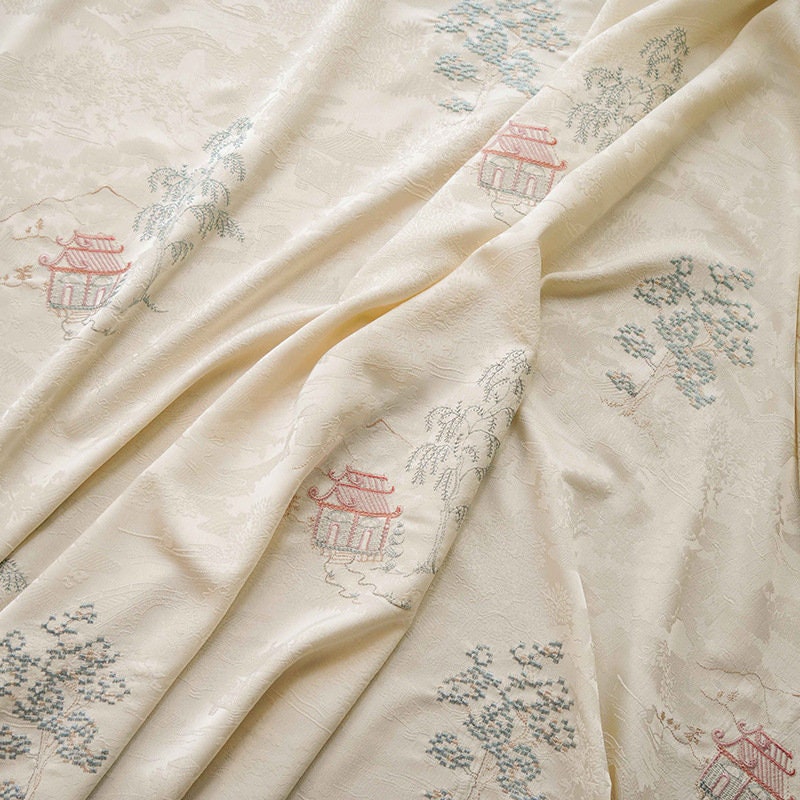 Embroidered Jacquard Fabric: Apricot Ancient Paintings, 59" Wide