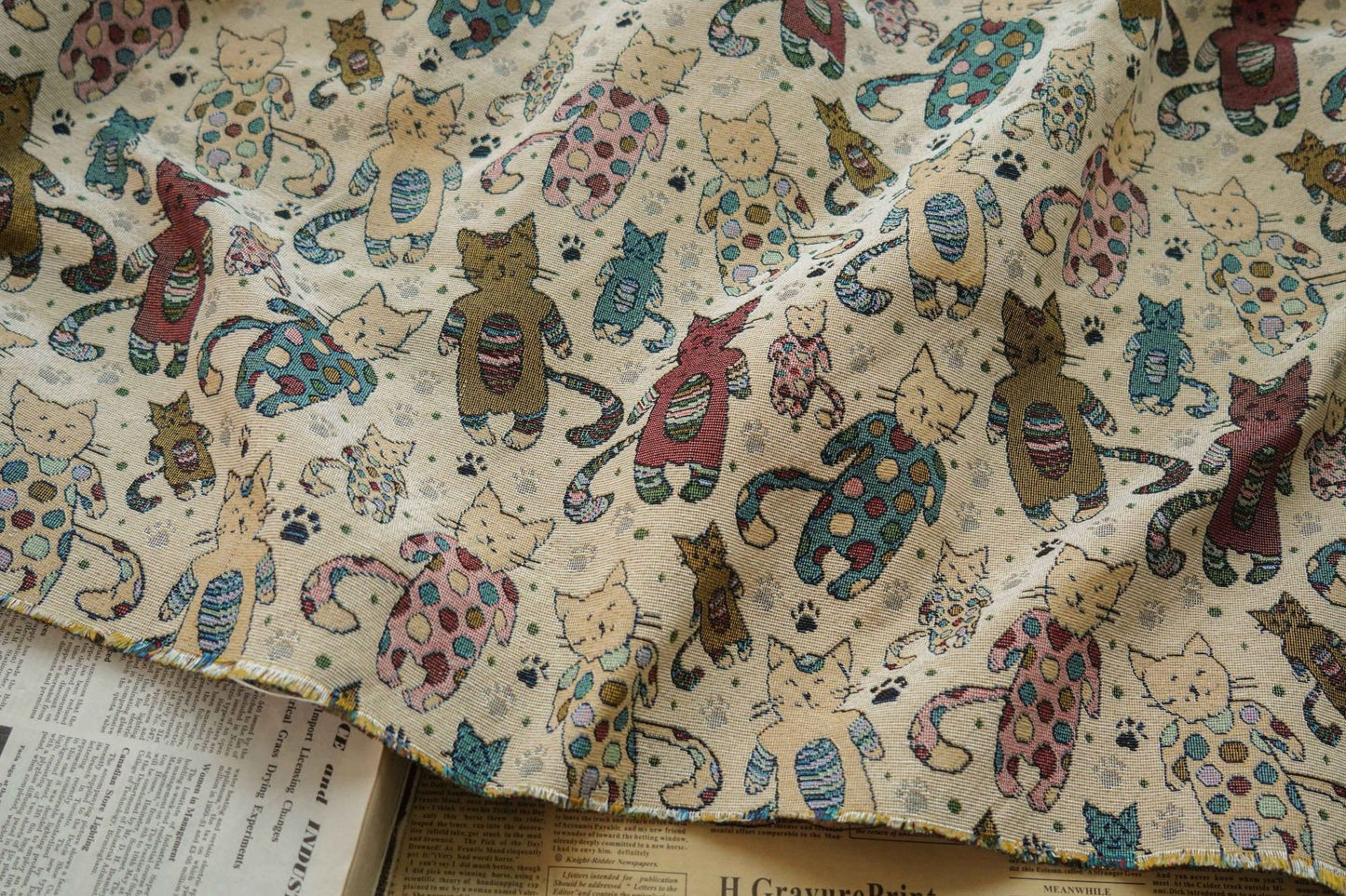 Cat Zoo Jacquard Fabric: Autumn Winter Upholstery, Sewing Material (59"W By 1 Meter)