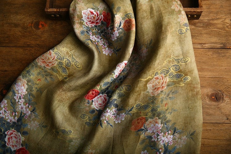 Peony Flower Print Ramie Fabric: Natural Fiber Sewing Material