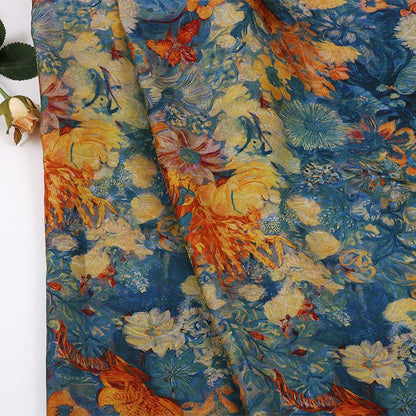 Oil Painting Style Floral Print Shiny Rayon Jacquard Fabric by the Yard, 59" Wide