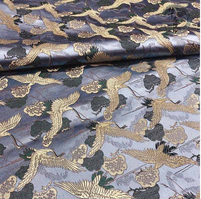 Crane Brocade Fabric: Colorful Asian Decor Fabric by the Meter