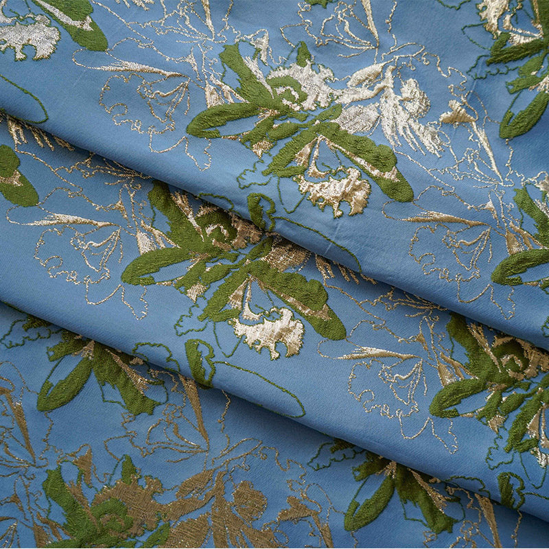 Blue Dandelion Jacquard Fabric: Gold Shimmering Embossed Woven, 57"W - By The Meter