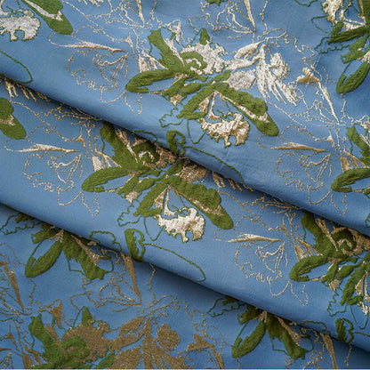 Blue Dandelion Jacquard Fabric: Gold Shimmering Embossed Woven, 57"W - By The Meter