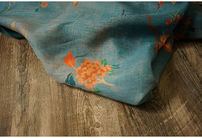 Tissu ramie bleu sarcelle : imprimé floral de grues, pour la confection d'un cheongsam qipao, 140 cm de large