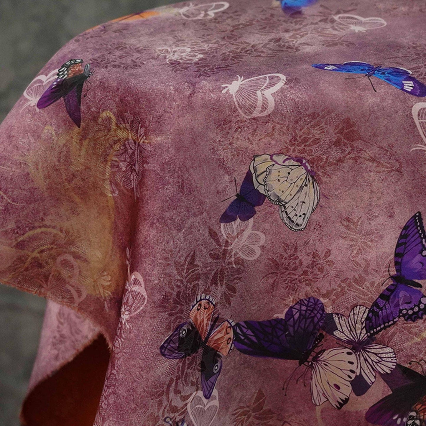 Butterfly Flower Tea Silk Satin Fabric: Digital Print, 55" Wide