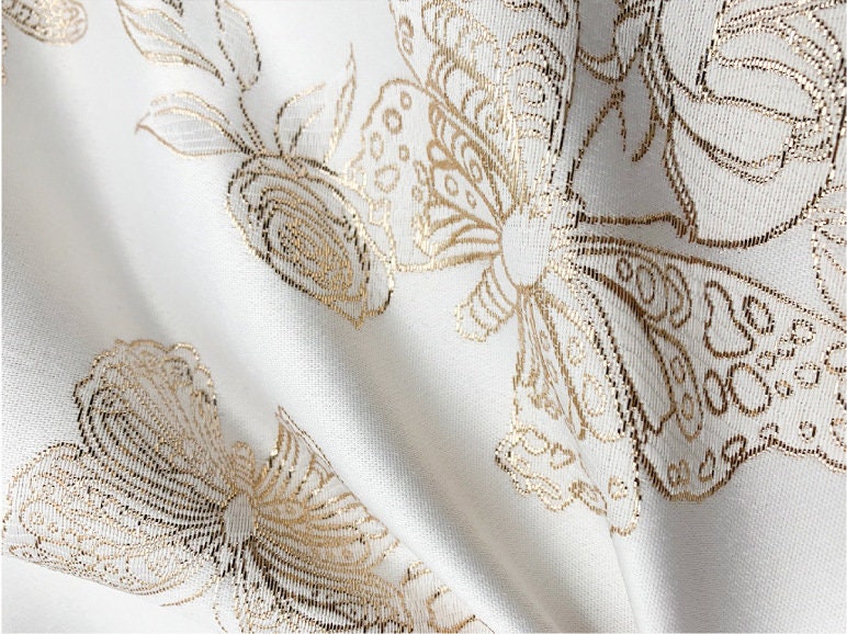 Gold Butterfly Jacquard Fabric: 59"W Beige Rayon Dress Fabric