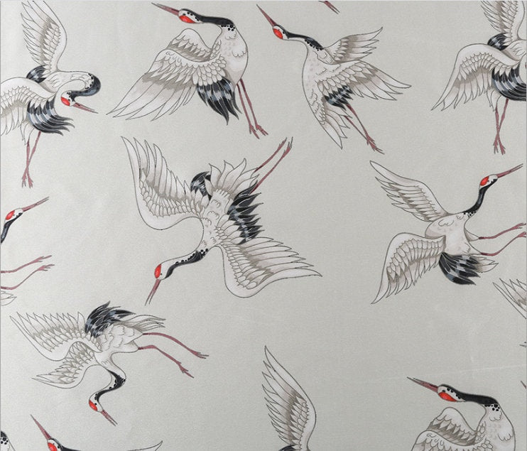 Crane Print Satin Rayon Fabric: Soft Bridal Fabric By The Meter