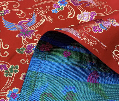 Floral Bird Jacquard Brocade Fabric: Red Silk Blend, 59" Wide