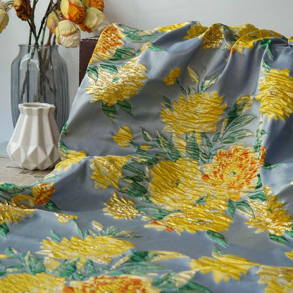 Gold Thread Yellow Peony Jacquard Fabric: 54"W Upholstery & Drapery