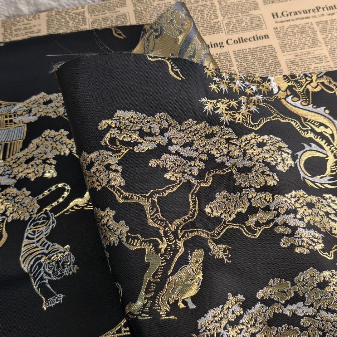 Gold Woven Tiger Jacquard Fabric with Dragon Ox Elements ��� Fashion & Decor Texti"Wide