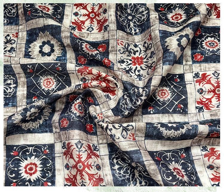 Dunhuang Indigo-Red Tencel Jacquard Brocade Fabric: Asian Chinese Style Tencel (59"W)