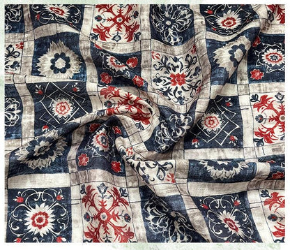 Dunhuang Indigo-Red Tencel Jacquard Brocade Fabric: Asian Chinese Style Tencel (59"W)
