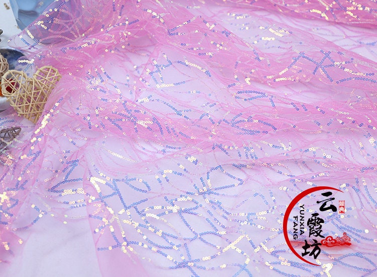 Sequin Mermaid Fabric: 3MM Embroidery on Mesh, 59" Wide