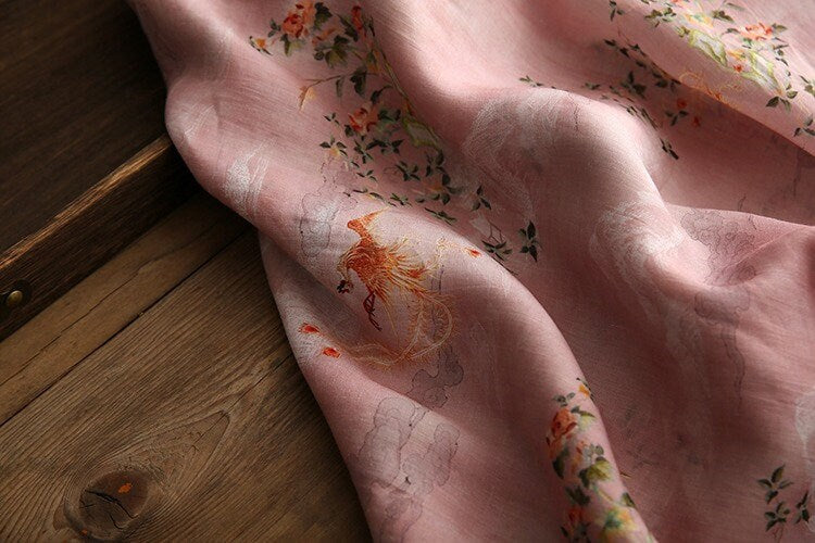 Light Pink Phoenix Print Ramie Fabric - 57"W - Sewing, Costume, Decor
