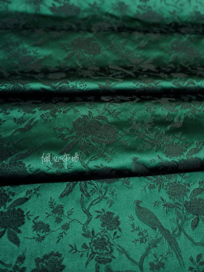 Jade Green Brocade Fabric: Bird & Azalea Design, Cheongsam Material