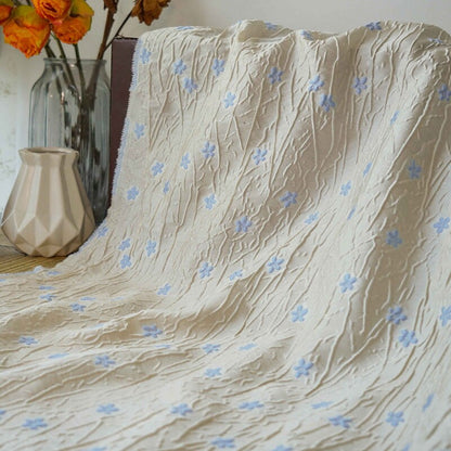 Embossed Beige Polyester Fabric, Blue Flowers, Upholstery & Costume, 56"W
