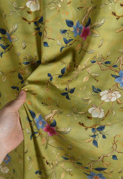 Floral Cotton Fabric: Green Ancient Ink Painting, 55"W